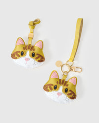 Tight close-up of the yellow-strap tabby cat charm face — every detail in real French Alran leather, layered and stitched by hand.