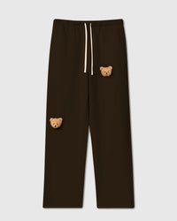 STICKYZOO Sticky Bear Sweatpant in dark brown with two hand-stitched 3D plush teddy bear face appliques