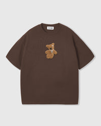 Front flat-lay of STICKYZOO Hug-Me Bear T-Shirt in brown with plush bear
