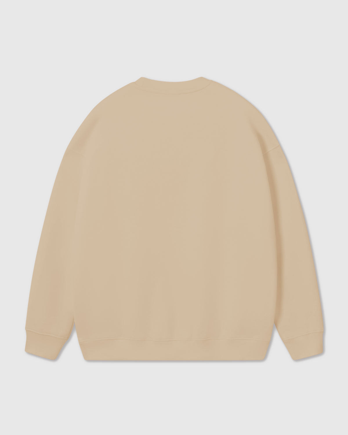 Full view of cream sweatshirt showing all seven plush reindeer and acorn applique placements