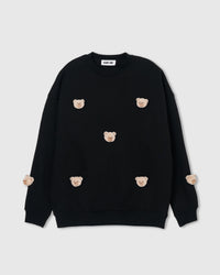 STICKYZOO Teddy Check-Ear Sweatshirt in black with seven plush bear faces