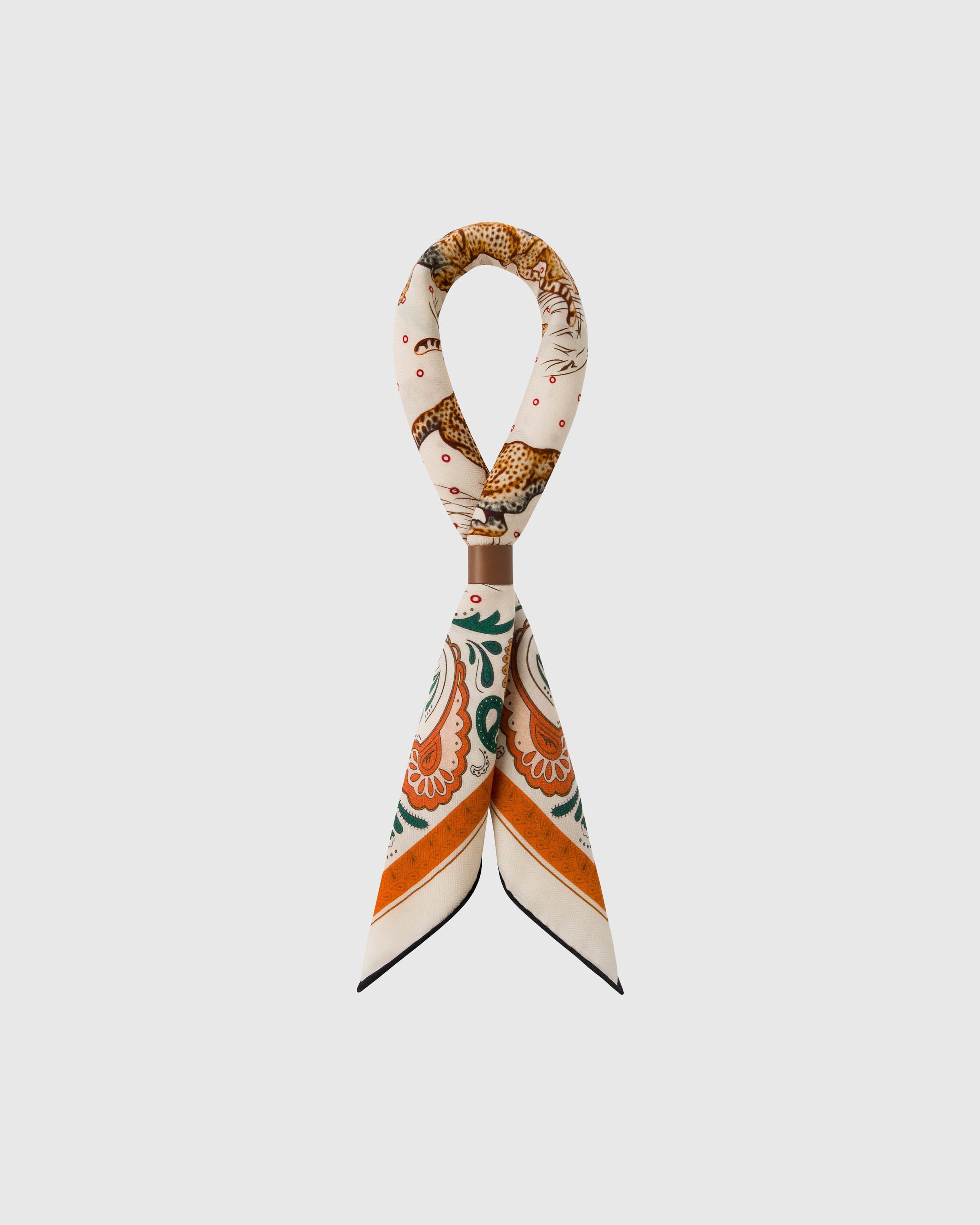 STICKYZOO cheetah silk scarf looped to show how the silk drapes around the neck