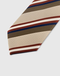 STICKYZOO SAND REGIMENT TIE — hand-embroidered detail showing multi-stripe bands in crimson, olive, and navy, stitched not printed