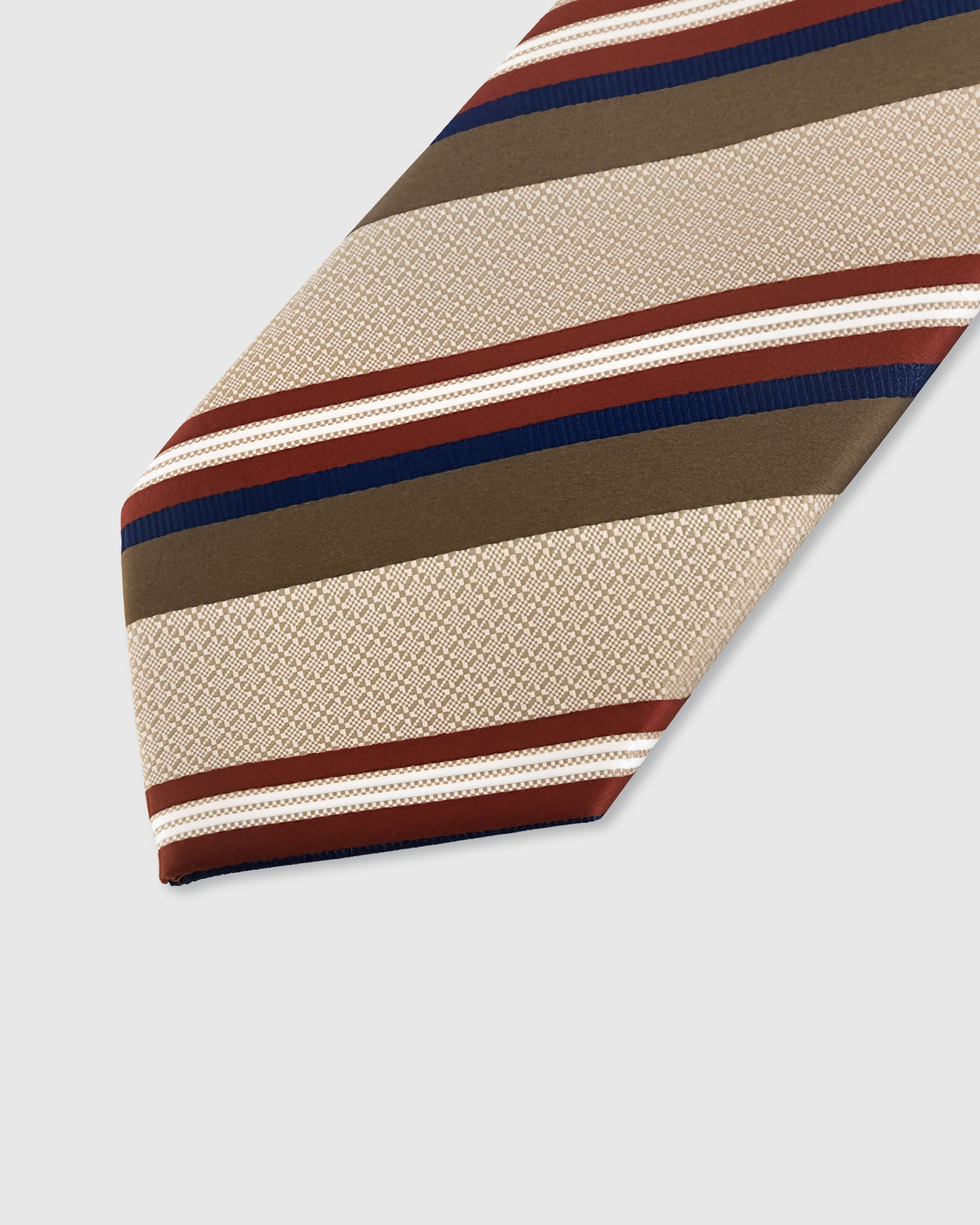 STICKYZOO SAND REGIMENT TIE — hand-embroidered detail showing multi-stripe bands in crimson, olive, and navy, stitched not printed