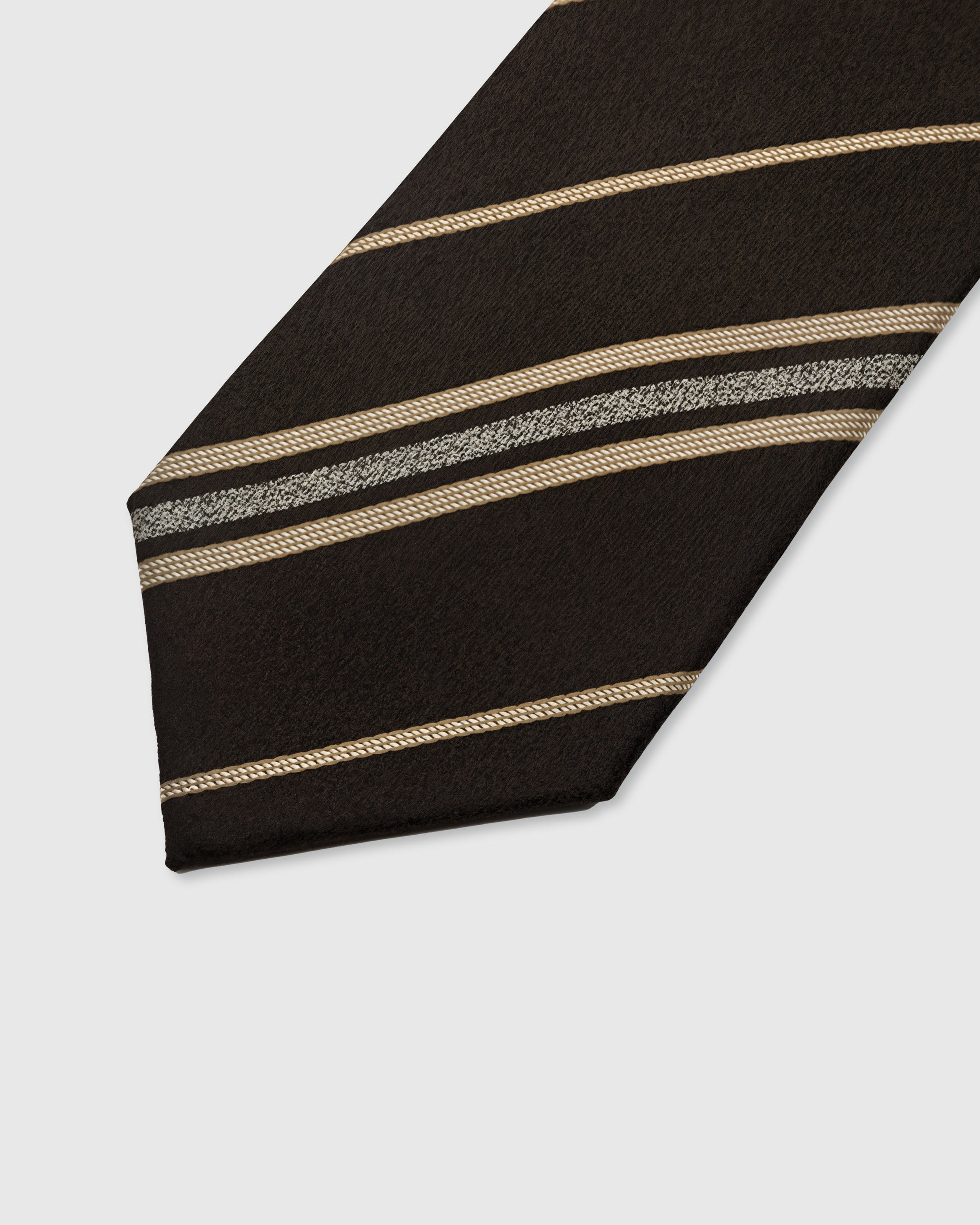 ESPRESSO PINSTRIPE TIE — 45° Italian bias-cut construction with structured interlining, hand-finished slip stitching visible on interior
