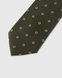 STICKYZOO Olive Floret Tie — detail of hand-embroidered spaced floret on pure mulberry silk
