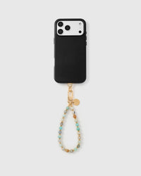 Full phone with amazonite stone bead wristlet attached showing universal compatibility