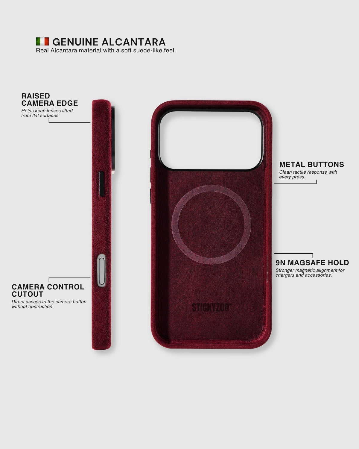 {{Alcantara exterior + lining}} Side profile and interior of STICKYZOO Bordeaux Alcantara case showing genuine Alcantara on both sides with 9N MagSafe ring