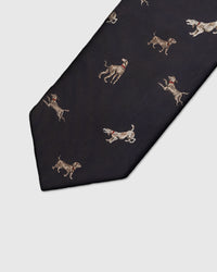 Embroidered, not printed STICKYZOO Dachshund Tie flat blade detail showing various embroidered dog breeds on dark navy mulberry silk
