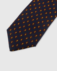 STICKYZOO MIDNIGHT PAISLEY DROP TIE — hand-embroidered detail showing crimson and gold miniature paisley drops, stitched not printed