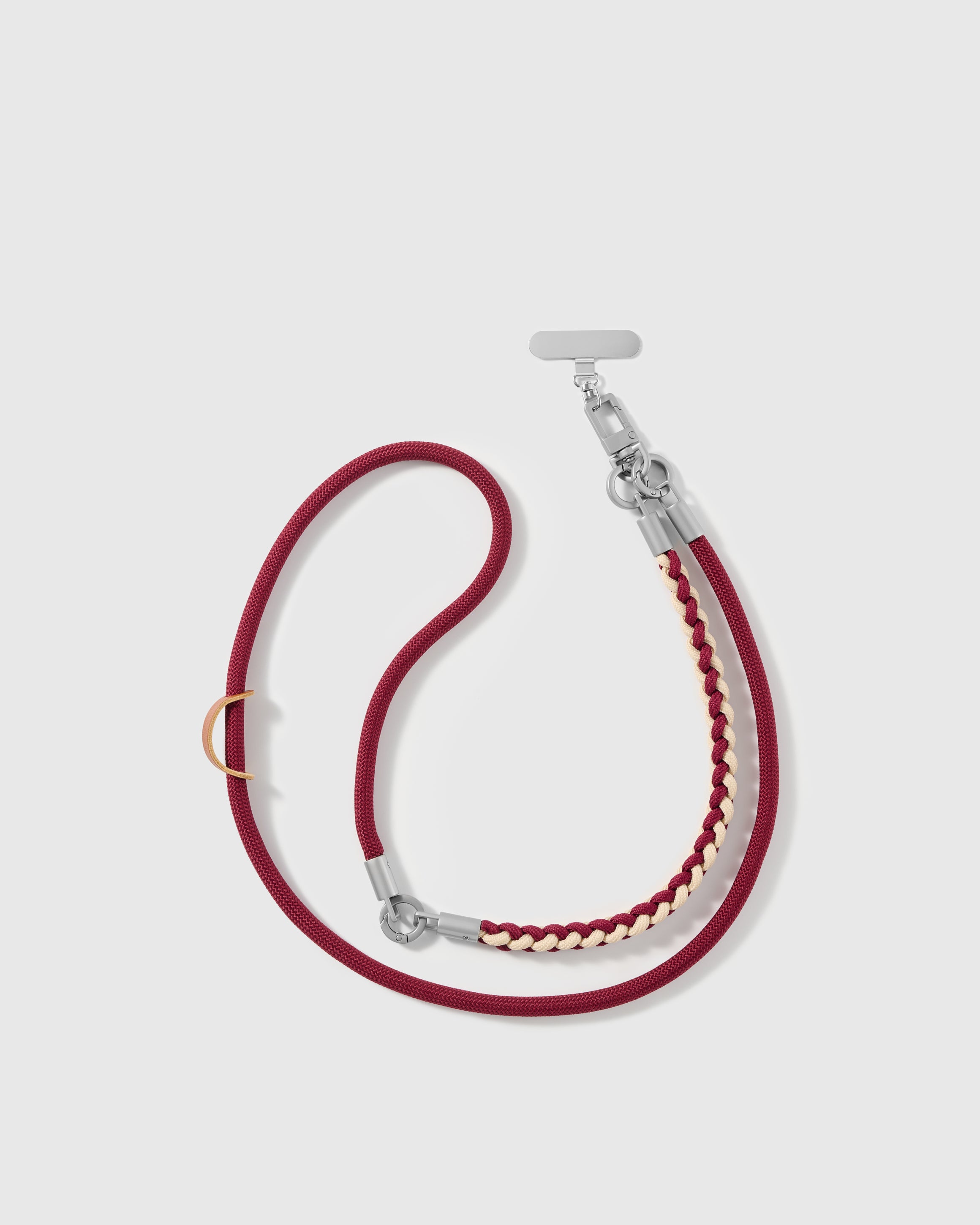STICKYZOO adjustable cross-body phone strap in burgundy cord with a cream braided accent and silver-tone hardware