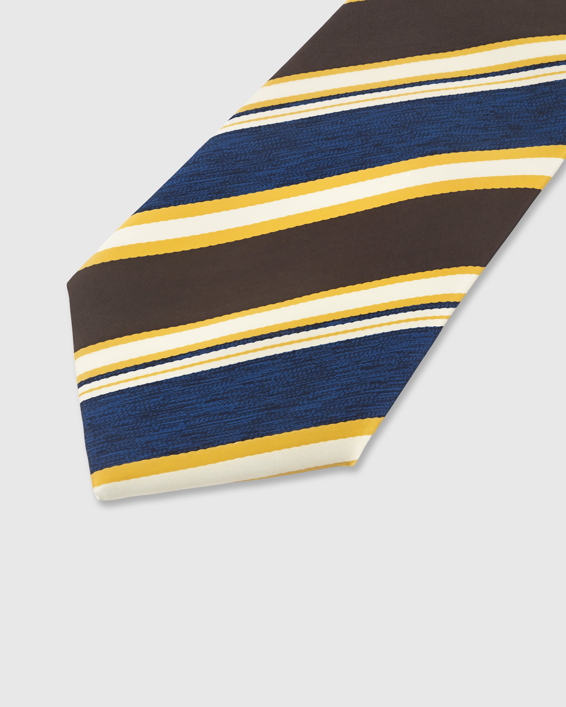 NAVY REGIMENT STRIPE TIE — 45° Italian bias-cut construction with structured interlining, hand-finished slip stitching visible on interior