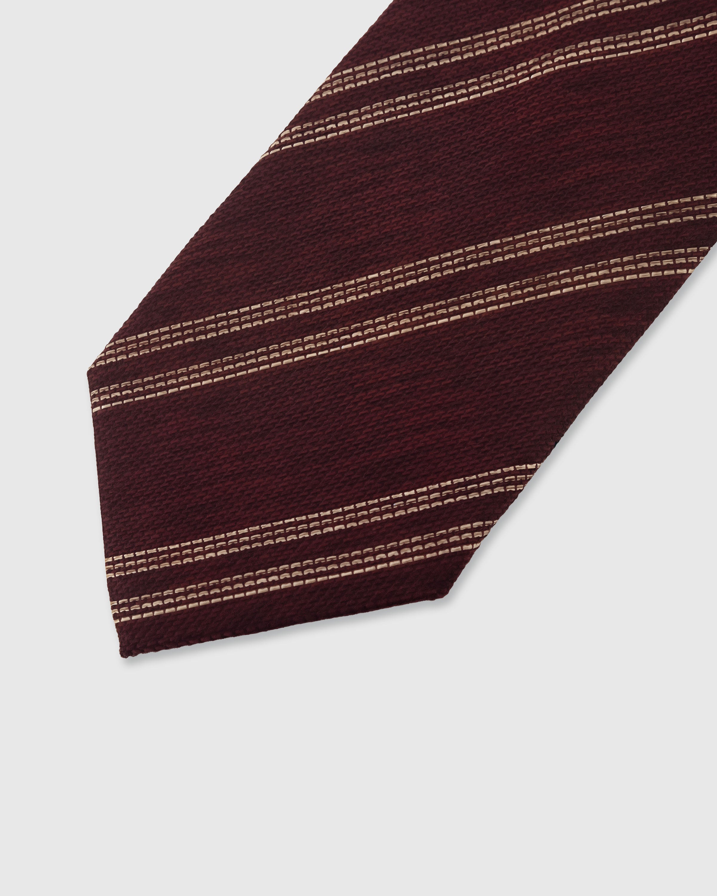 STICKYZOO Wine Repp Stripe Tie — detail of hand-embroidered twin repp stripe on pure mulberry silk