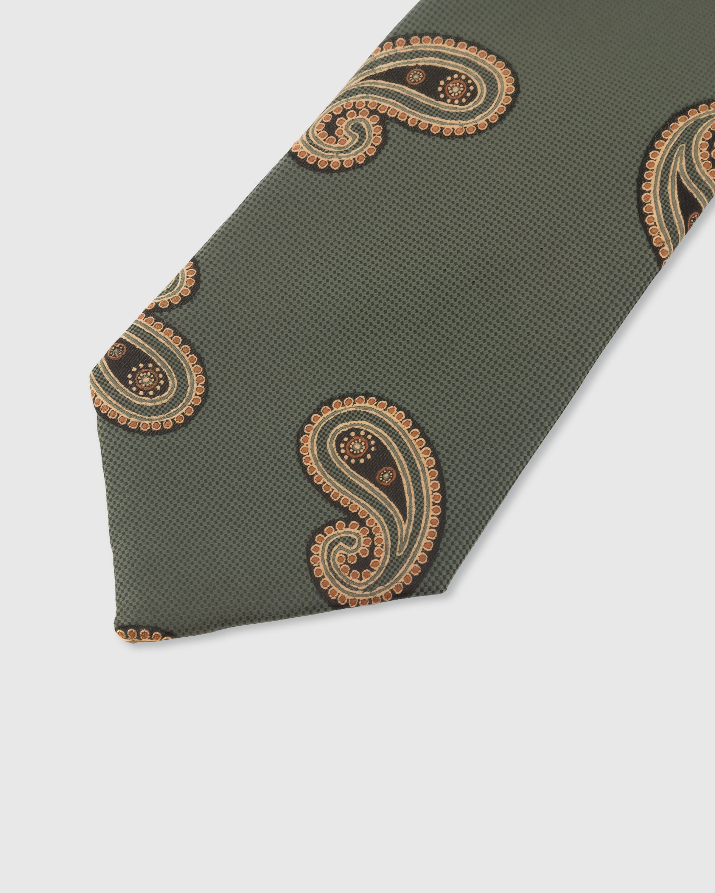 STICKYZOO Sage Paisley Tie — detail of hand-embroidered large paisley on pure mulberry silk