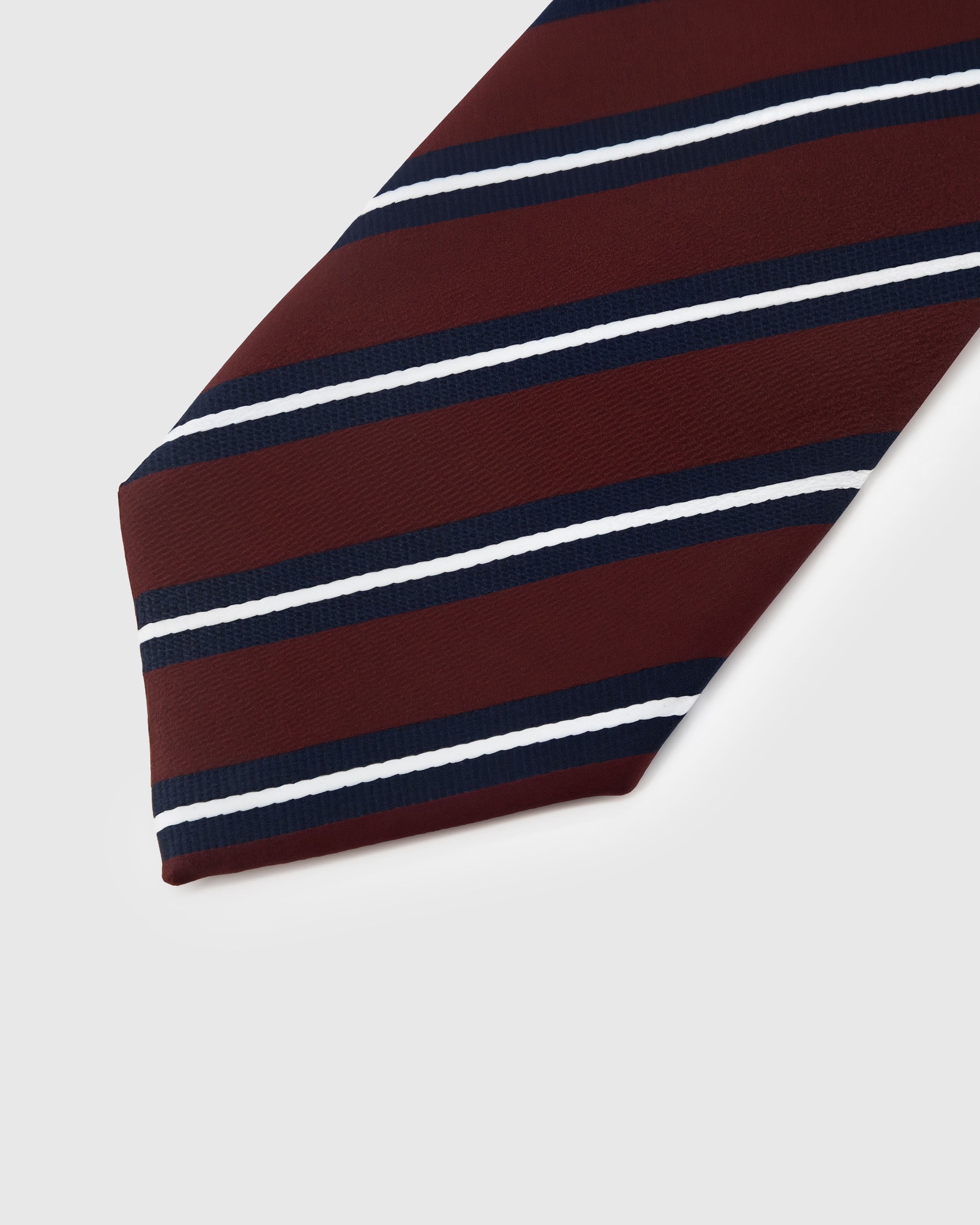 Bordeaux, navy, and gold bold stripe detail on mulberry silk tie showing woven color bands by STICKYZOO