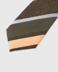 Regimental stripe detail on Ember mulberry silk tie showing raised hand-embroidered thread by STICKYZOO