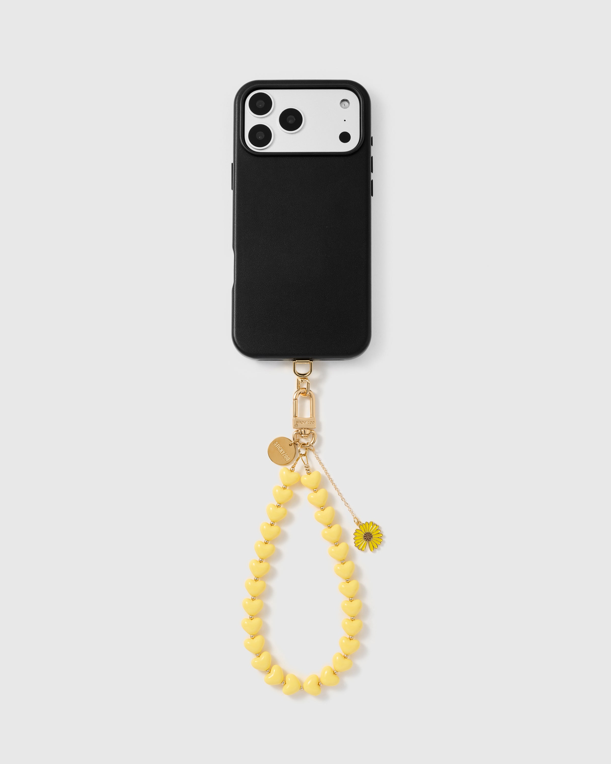Lemon heart bead strap with gold daisy charm clipped to phone case showing wristlet drape — 5,000+ Reviews
