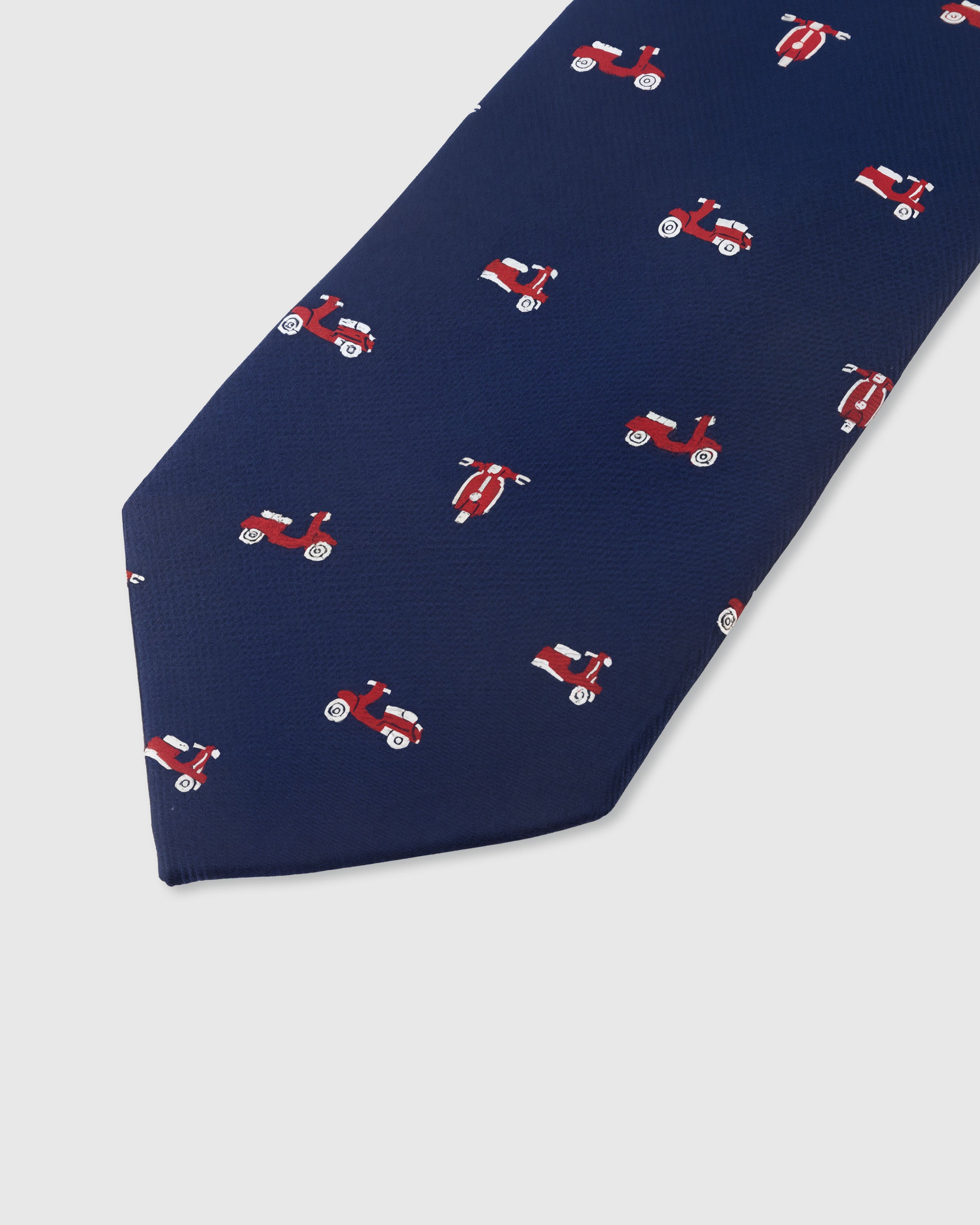 STICKYZOO Navy Vespa Tie — detail of hand-embroidered scooter motif on pure mulberry silk