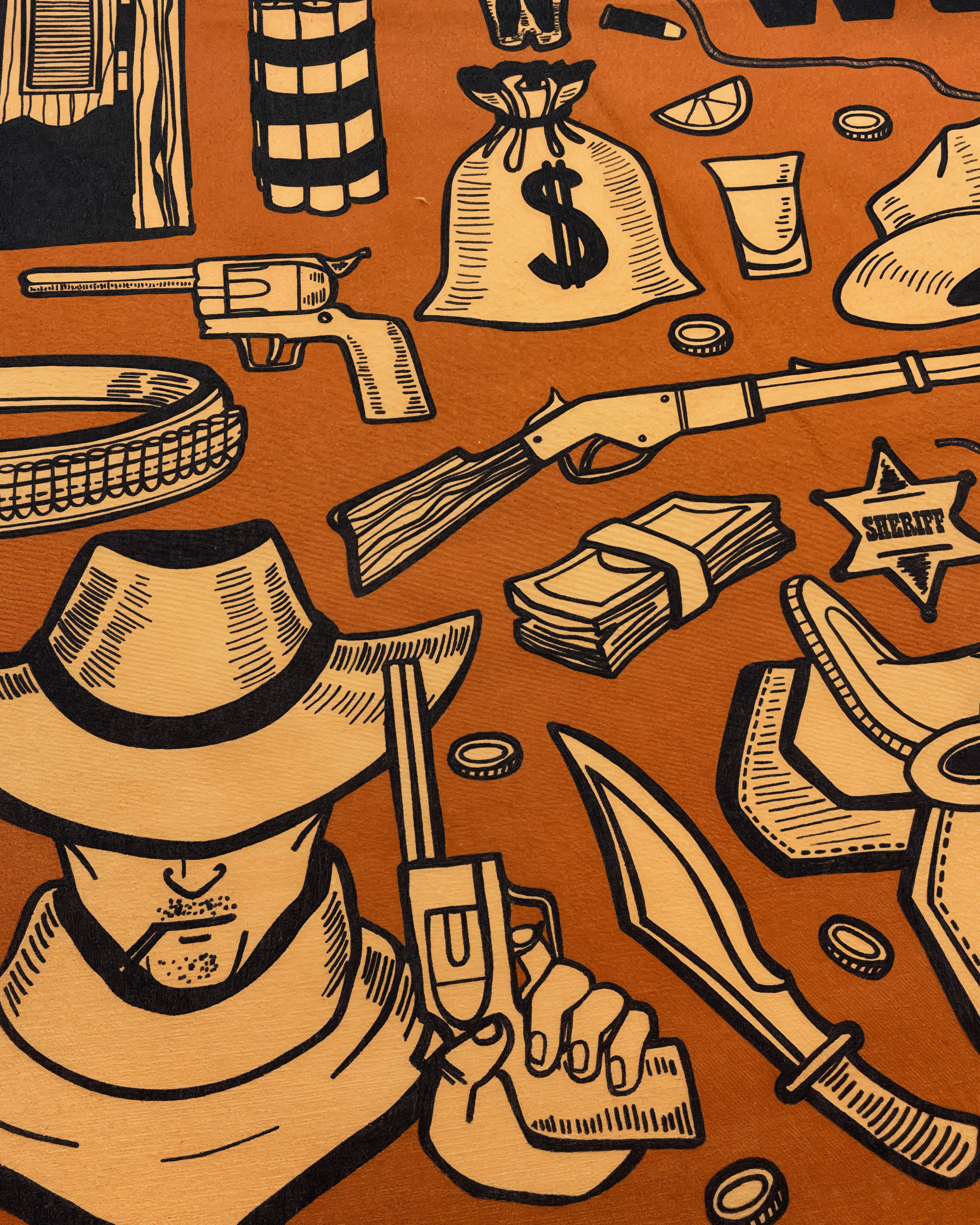 STICKYZOO frontier iconography silk scarf print detail showing the gunslinger and sheriff badge motif
```