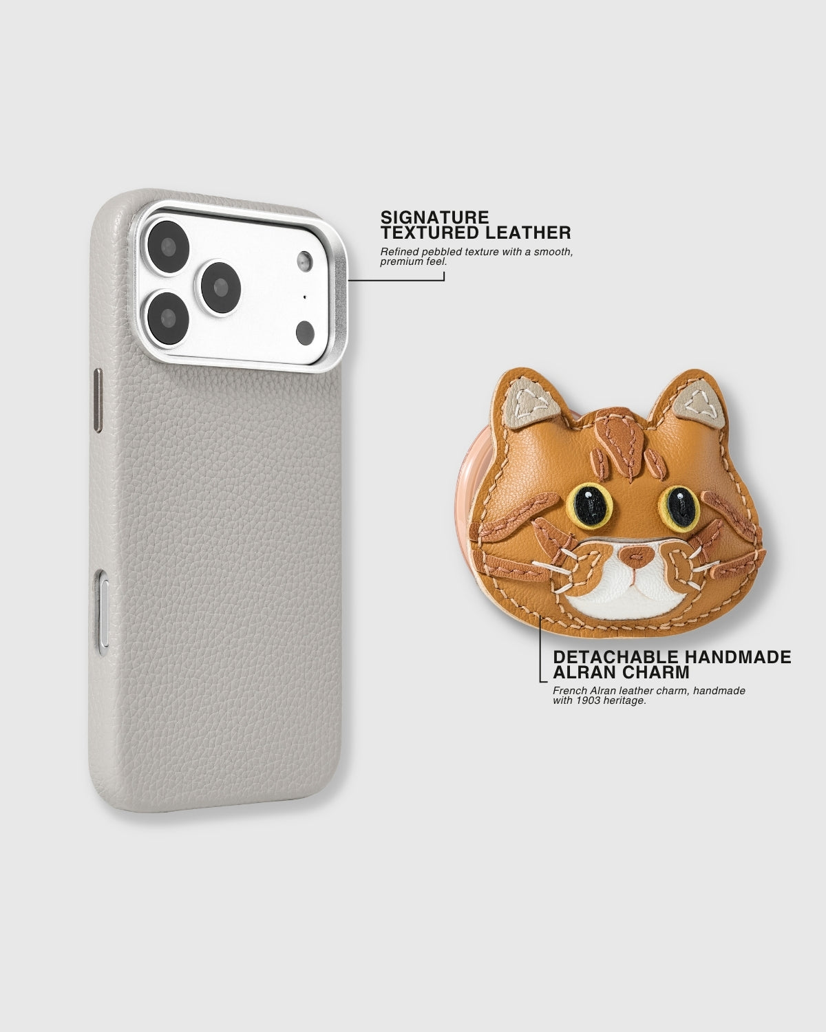 Ivory leather case and detachable handmade British Shorthair cat charm shown separately with textured leather and Alran craft callouts.