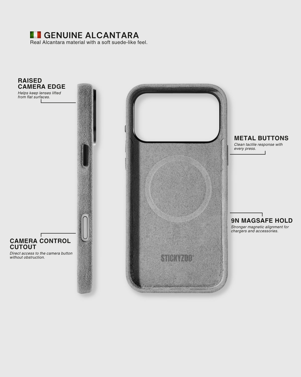 {{Alcantara exterior + lining}} Side profile and interior of STICKYZOO Ash Alcantara case showing genuine Alcantara on both sides with 9N MagSafe ring