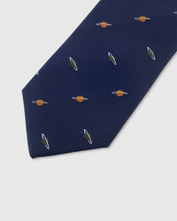 Copper Saturn motif detail on navy mulberry silk tie showing raised hand-embroidered rings and sphere by STICKYZOO