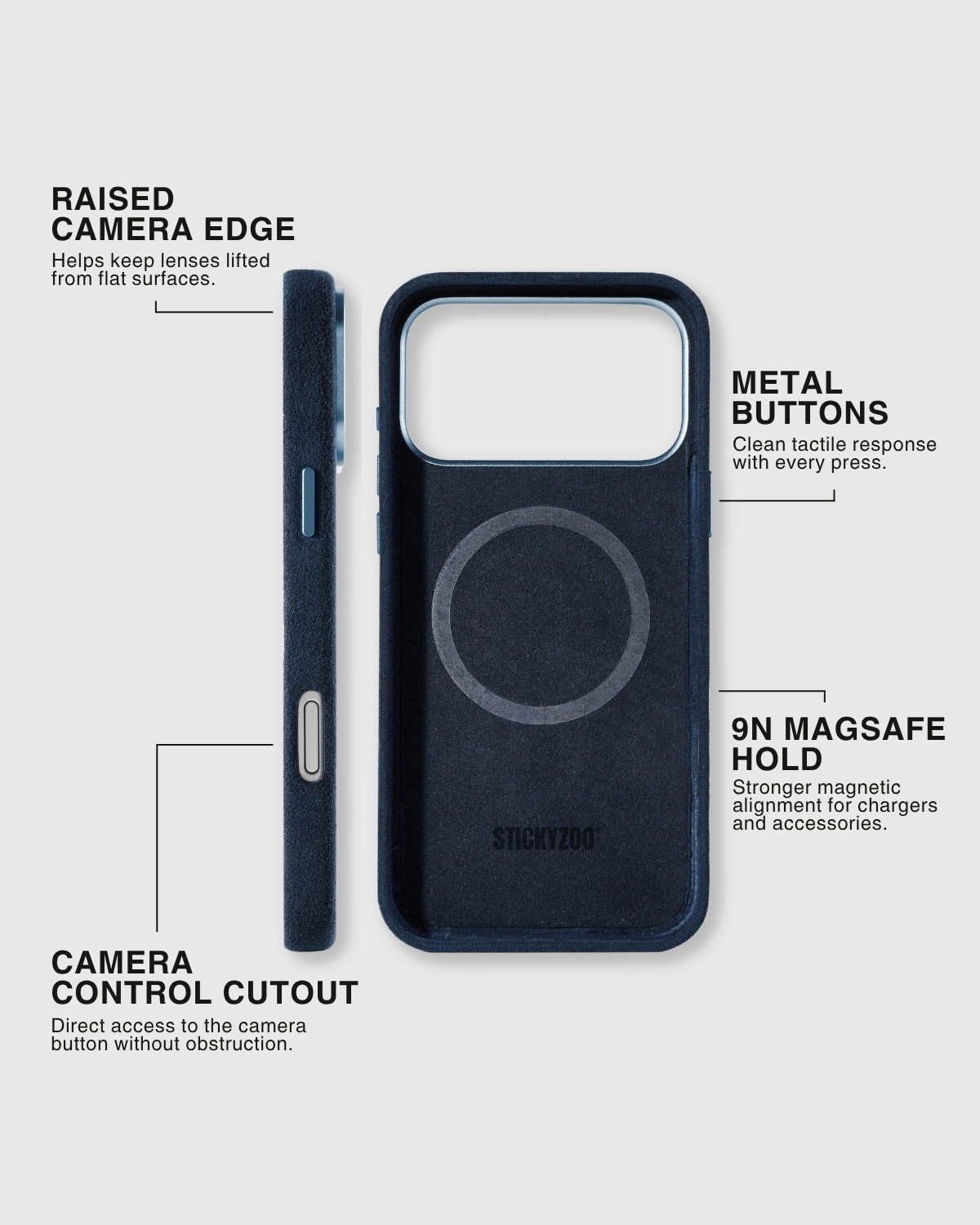 {{MagSafe + Camera Control.}} Cobalt Alcantara case interior with 9N MagSafe ring, metal buttons, camera control cutout, and raised camera edge by STICKYZOO
