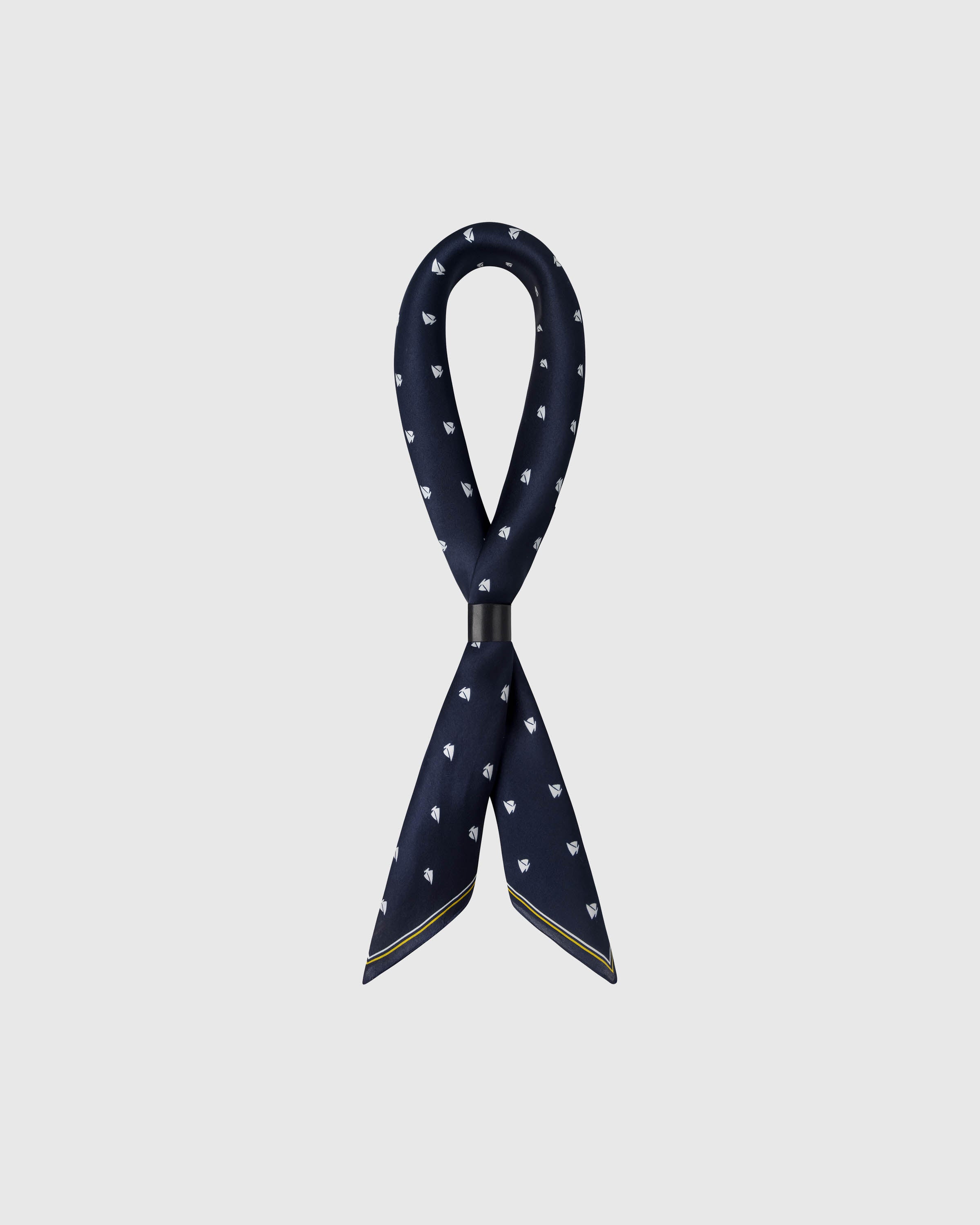 STICKYZOO regatta sailboat silk scarf draped in a ribbon fold with a slim leather slide