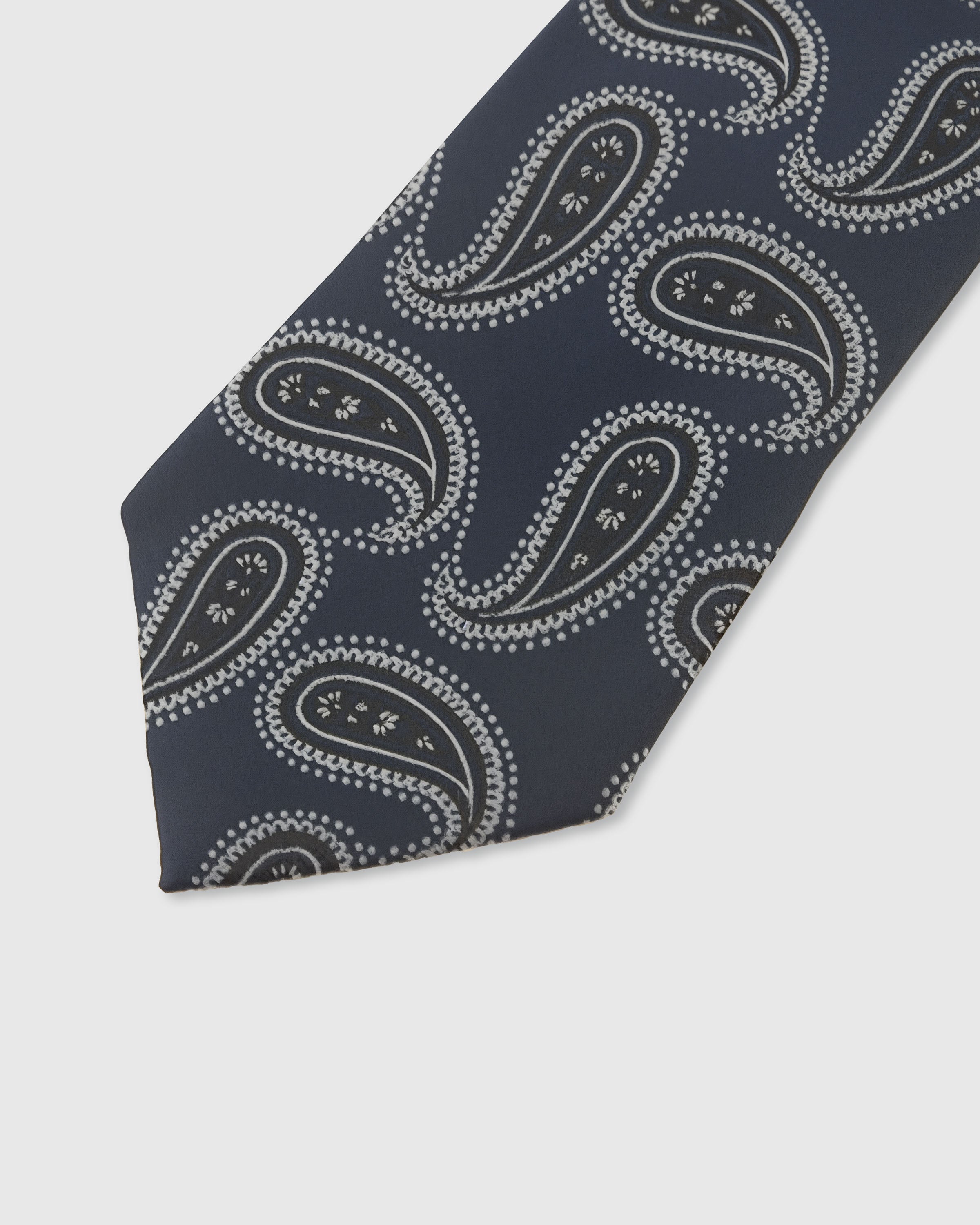 STICKYZOO Charcoal Paisley Tie — detail of hand-embroidered outlined paisley on pure mulberry silk