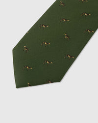 Gold pointer motif detail on moss mulberry silk tie showing raised hand-embroidered thread by STICKYZOO