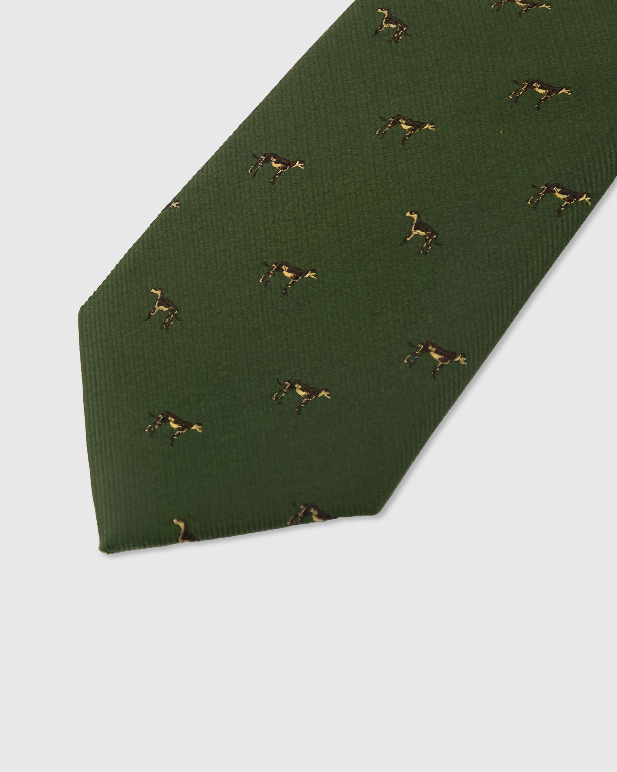 {{Embroidered, not printed}} Gold pointer motif detail on moss mulberry silk tie showing raised hand-embroidered thread by STICKYZOO
