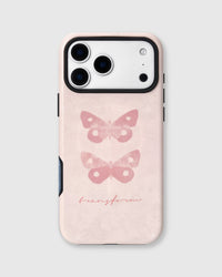 Back of the pearl butterfly phone case showing two soft pink butterflies on matte UV-printed ABS