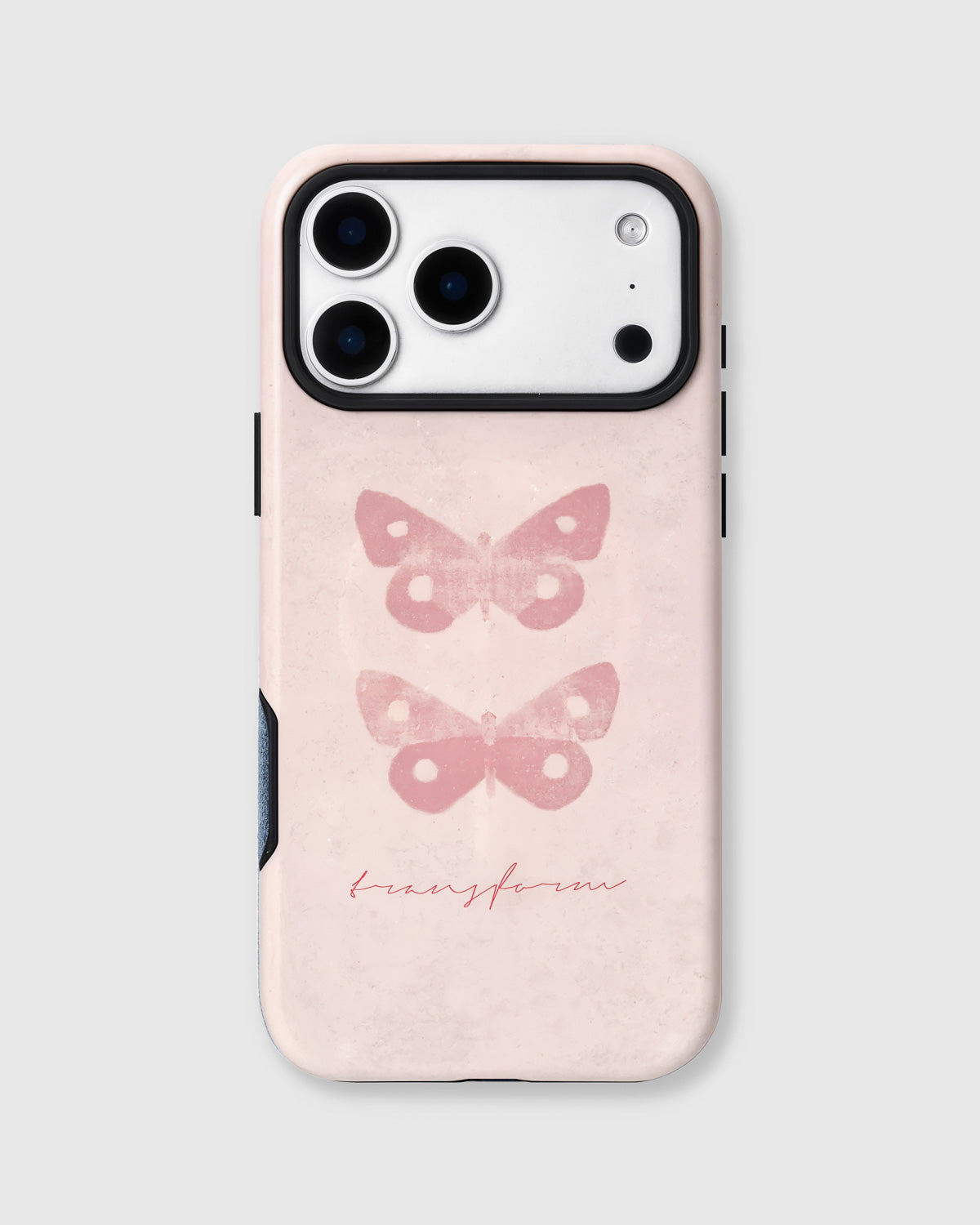 Back of the pearl butterfly phone case showing two soft pink butterflies on matte UV-printed ABS