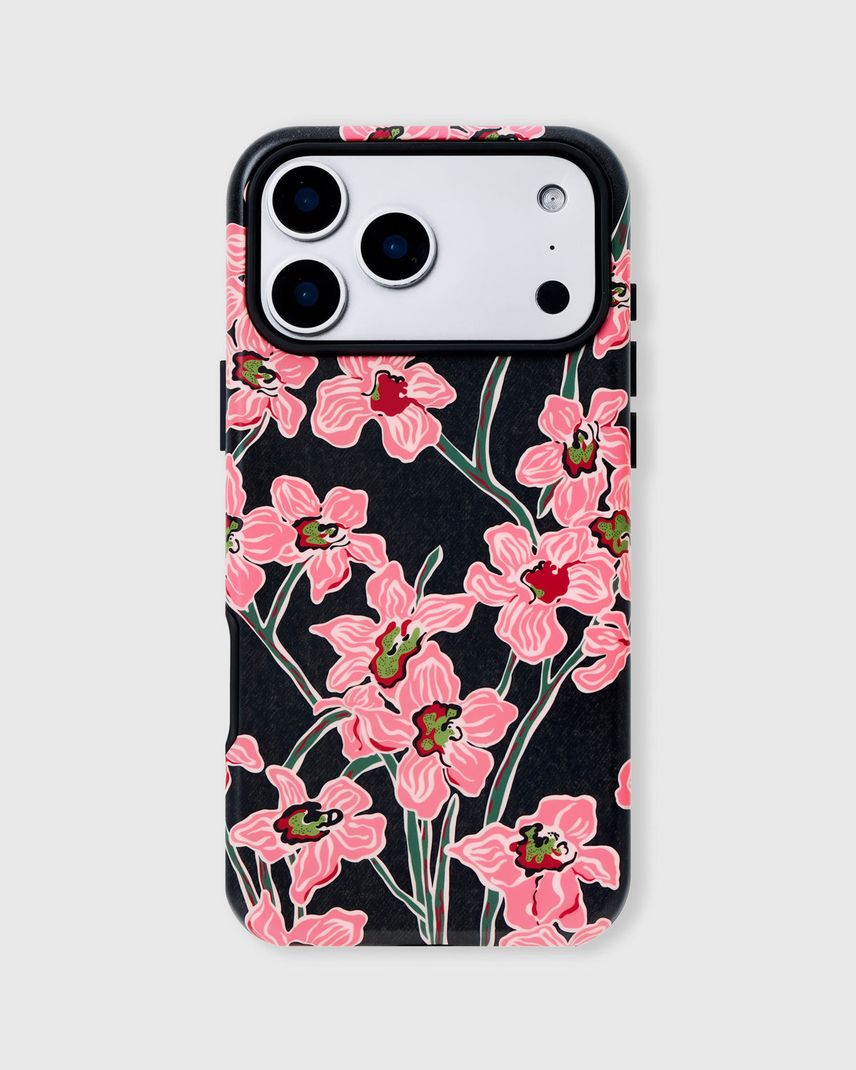 Back of the midnight orchid phone case showing pink florals on matte black UV-printed ABS