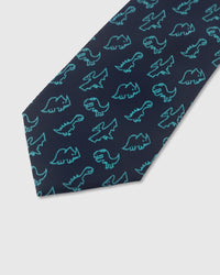 Teal dinosaur outline detail on midnight mulberry silk tie showing raised hand-embroidered motif by STICKYZOO