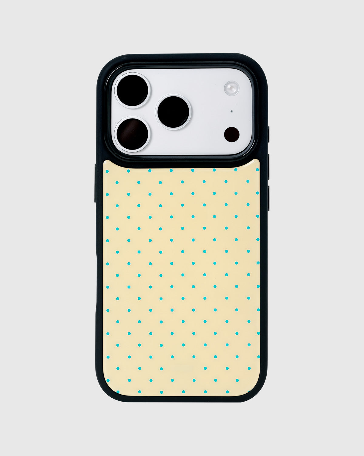 Back of the ginger cat phone case showing the cream ground and small teal polka dots on UV-printed ABS