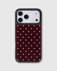 Back of the starlight heart phone case showing pink stars on matte burgundy UV-printed ABS