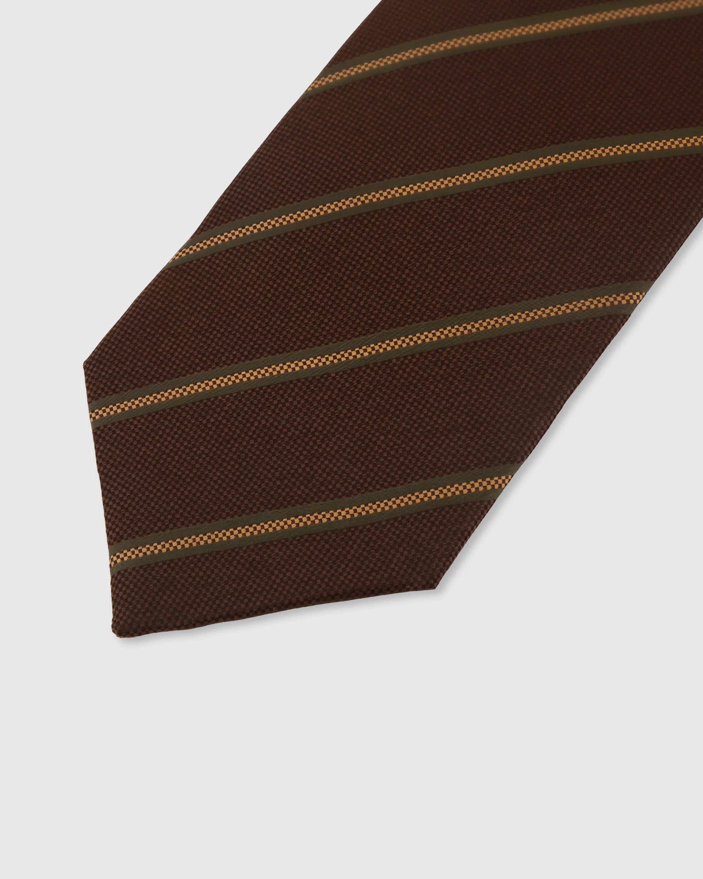 {Embroidered gold pencil stripe detail} Pencil stripe detail on cocoa brown mulberry silk tie showing embroidered pattern by STICKYZOO