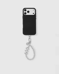 Chrome heart trio phone strap attached to black phone case showing universal fit