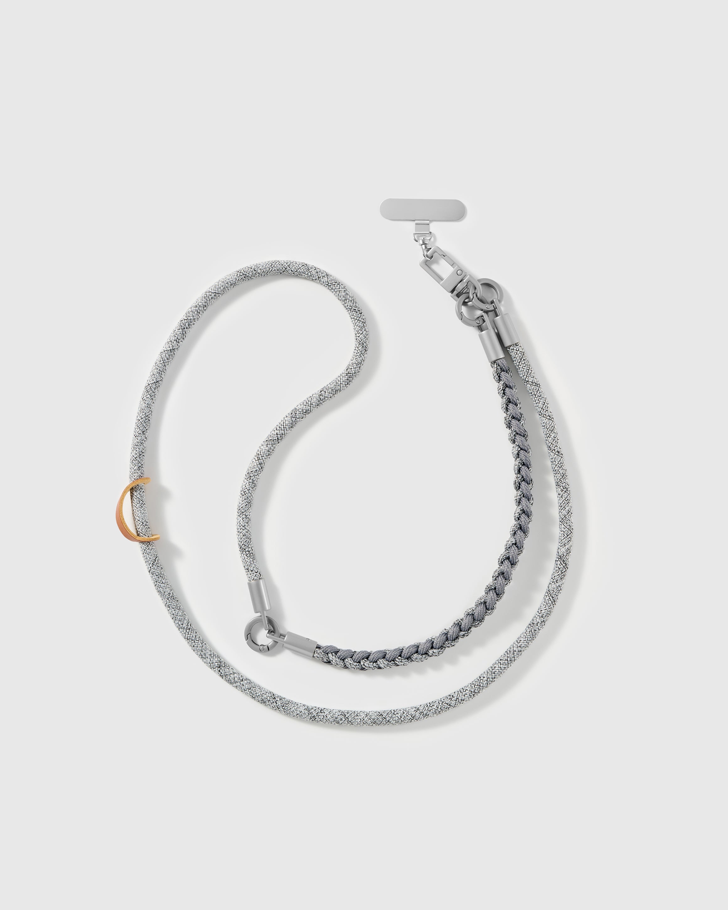 Full length of the adjustable pewter braided strap worn cross-body or over the shoulder — rated 4.9 across 5,000+ reviews