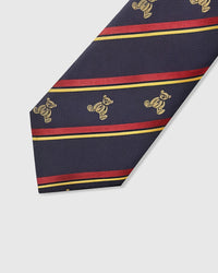 Embroidered, not printed STICKYZOO Regiment Teddy Tie flat blade showing teddy bears between red and gold stripes on navy silk