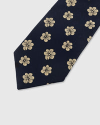 {Embroidered gold blossom detail} Floral detail on midnight navy mulberry silk tie showing embroidered pattern by STICKYZOO