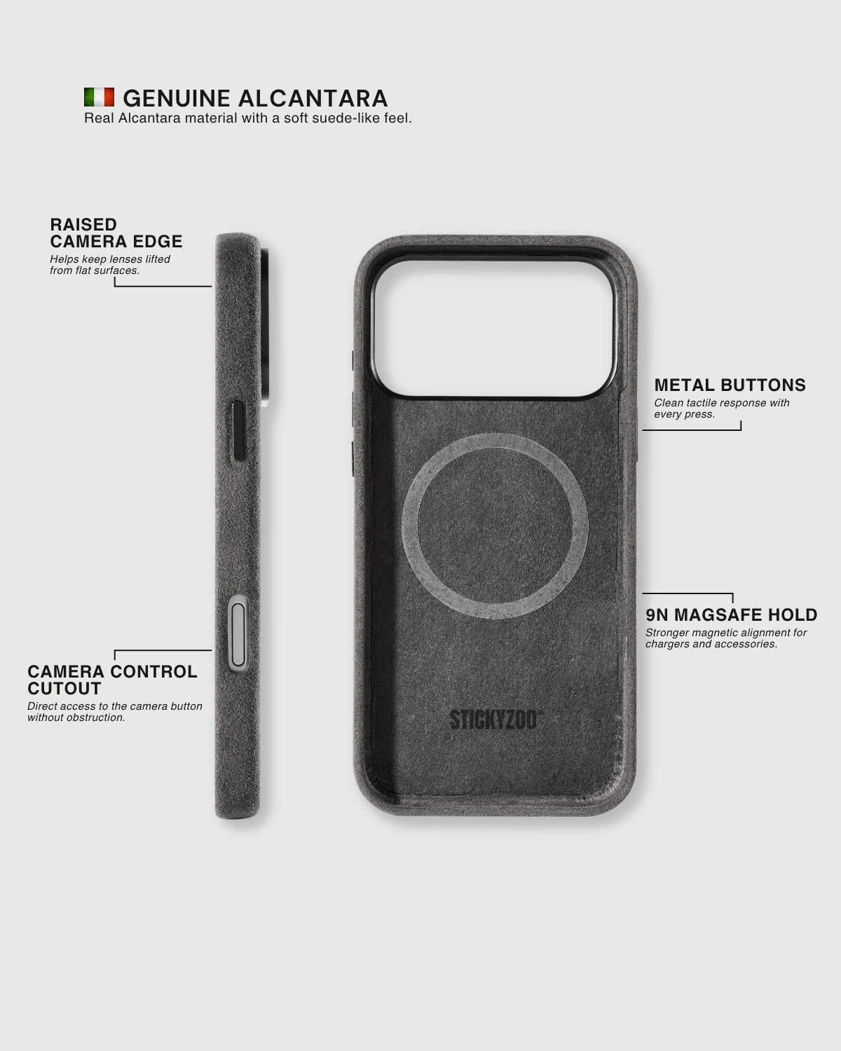 {{Alcantara exterior + lining}} Side profile and interior of STICKYZOO Storm Alcantara case showing genuine Alcantara on both sides with 9N MagSafe ring