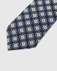 STICKYZOO Navy Medallion Tie — detail of hand-embroidered medallion grid on pure mulberry silk