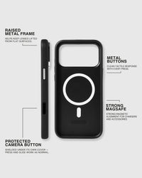 Raised metal camera frame, metal side buttons, protected Camera Control and strong MagSafe on the black STICKYZOO leather case