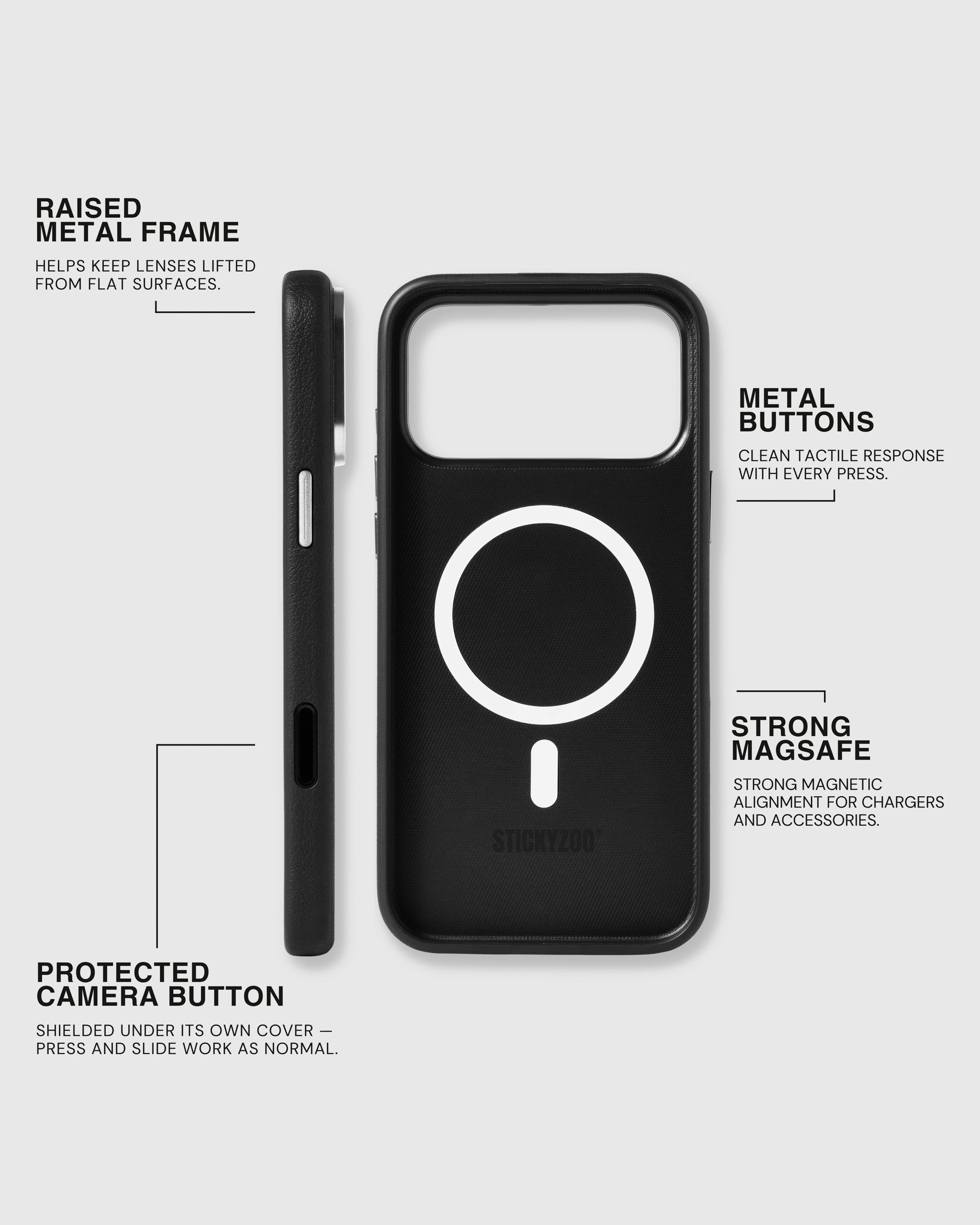 Raised metal camera frame, metal side buttons, protected Camera Control and strong MagSafe on the black STICKYZOO leather case