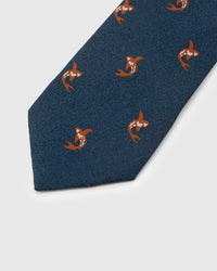 Copper koi fish motif on navy mulberry silk tie showing hand-embroidered fin and tail detail by STICKYZOO
