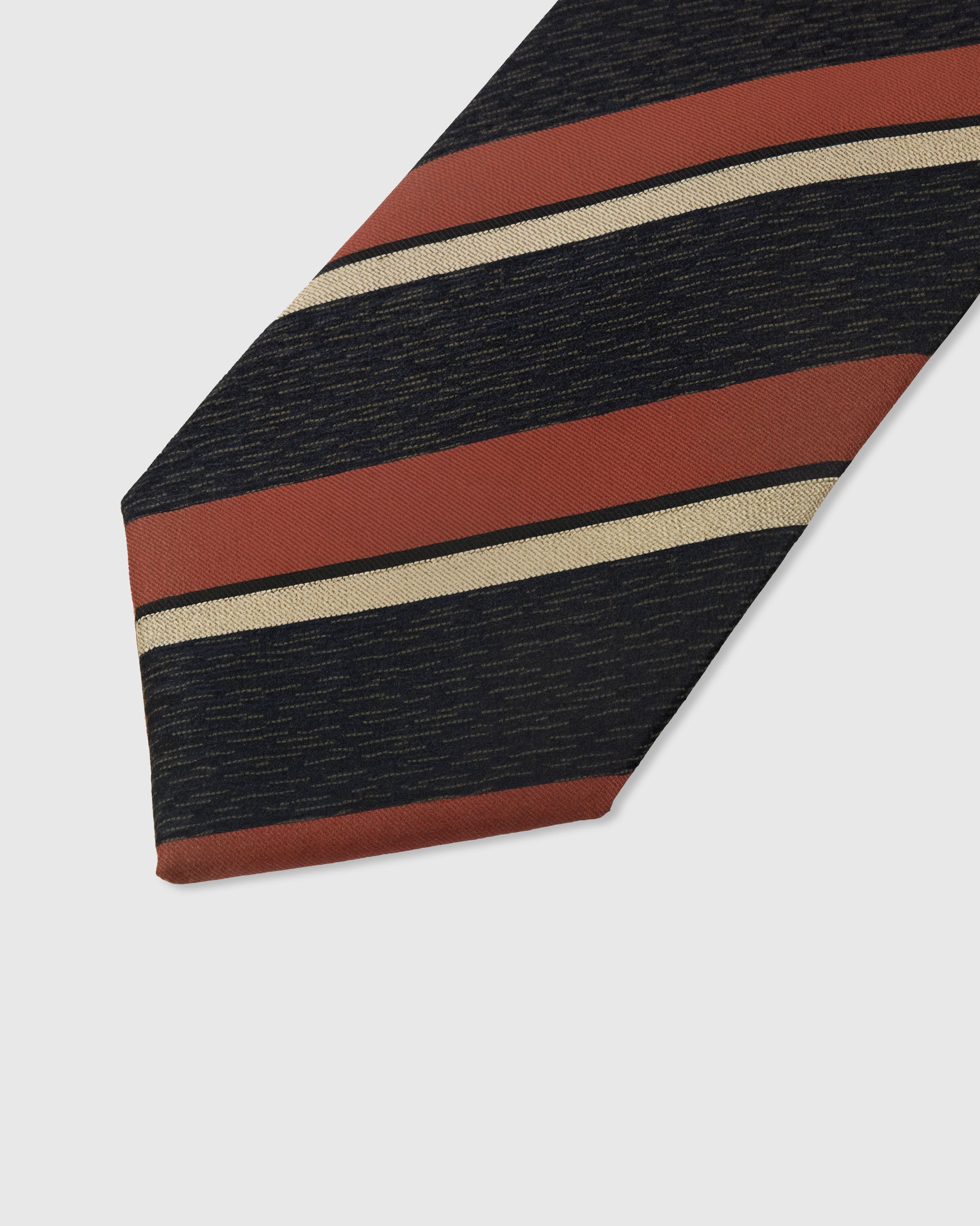 Ember regimental stripe detail on charcoal mulberry silk tie showing raised hand-embroidered thread by STICKYZOO