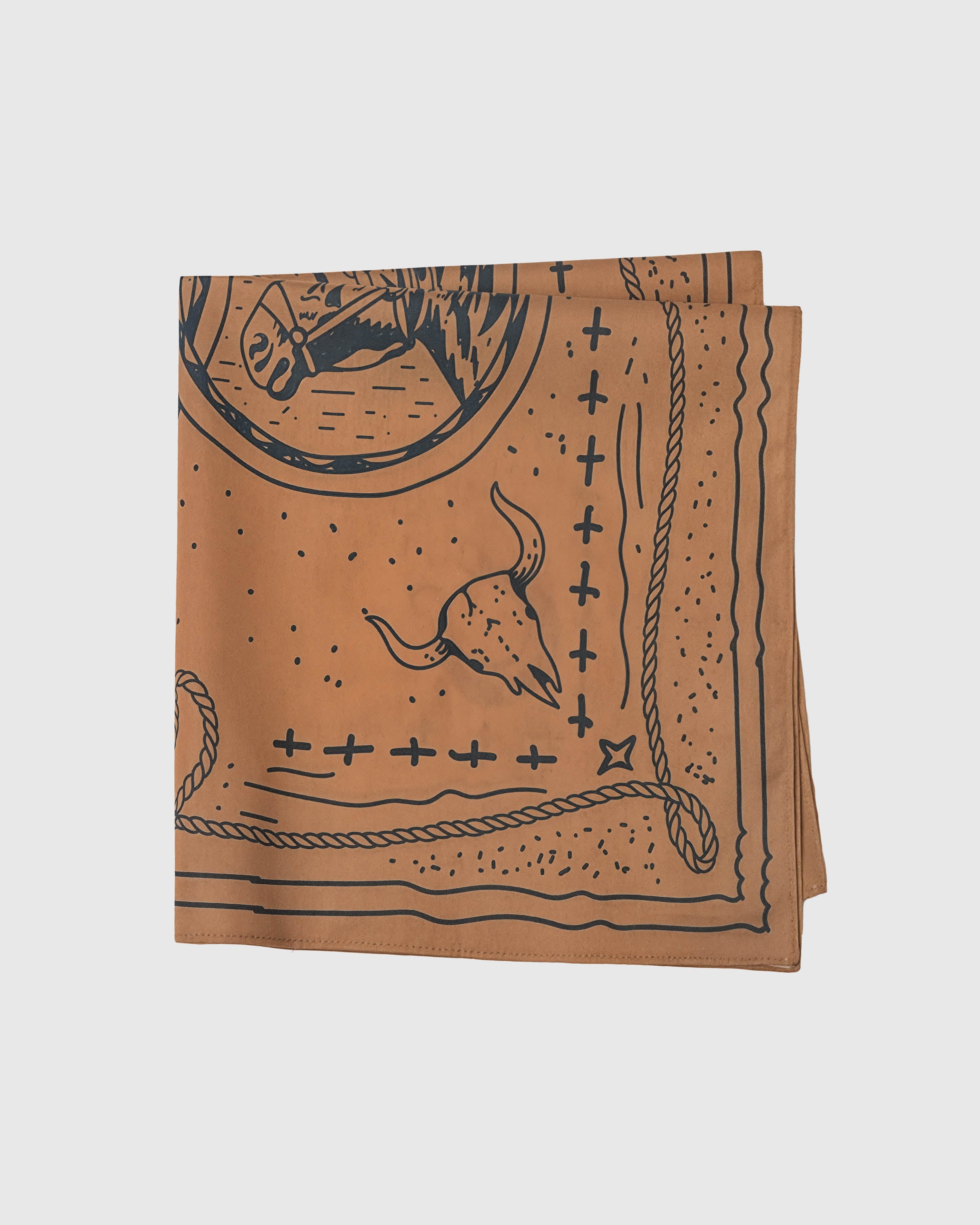 Folded western silk scarf showing the longhorn skull and rope details printed in archival navy ink
