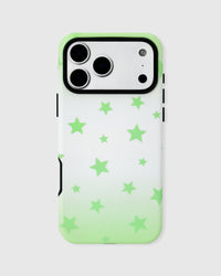 Back of the STICKYZOO Lucky Star phone case showing scattered green stars on a matte UV-printed ABS shell with a clean grip-down profile.